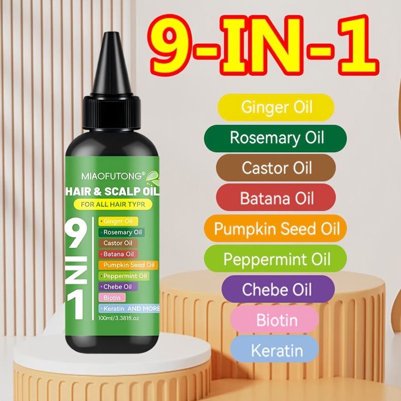 [9-in-1]Hair Care Oil, Enriched with Turmeric Oil, Rosemary Oil, Castor Oil, Babassu Oil, Pumpkin Seed Oil, Mint Oil, Plantain Oil, Biotin, And Keratin, Provides Deep Hydration And Smoothness Suitable for All Hair Types. Helps Control Frizz