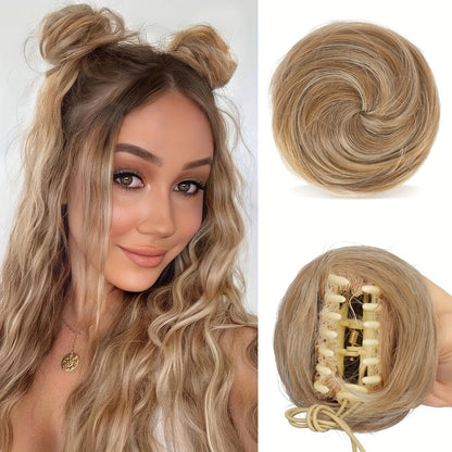 Clip In Hair Bun Extensions Mini Donut Bun with Cat Ears Messy Bun Claw Clip Hairpiece Synthetic Fiber Instant Updo Women Girls Multiple Colors 2 Pcs Set