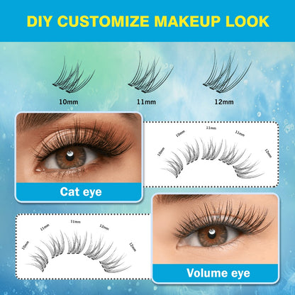 Self-Adhesive Lash Clusters Kit Pre-Glued Wispy Press-On Lashes — No Glue Needed, Natural & Thick Volume, Reusable, Beginner-Friendly, Includes 2 Tweezers, Fluffy Individual Cluster Eyelashes