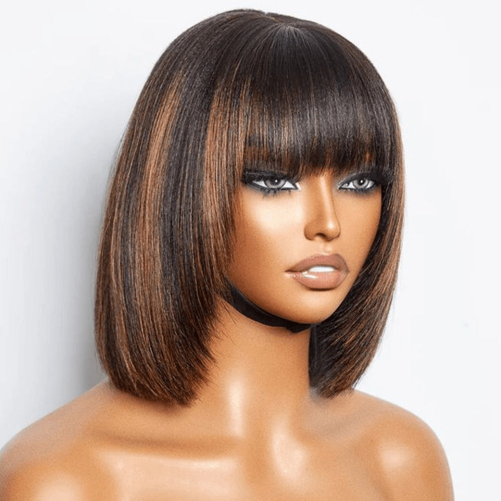 Bob Wig Human Hair Brazilian Straight Short Bob Lace Front Wig 3x1 Lace Part with Bangs Pre-Plucked Natural Hairline Color 1B/30 Highlight 10-12 Inch Women