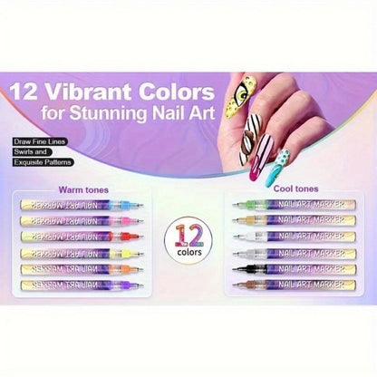 Nail Doodle Pen Set 12 Colors - Acrylic Paint Pens for Nail Art, Quick-Dry Precision 3D Dot & Stitching Pen, Long-Lasting Detail Nail Drawing Tools for Home & Salon