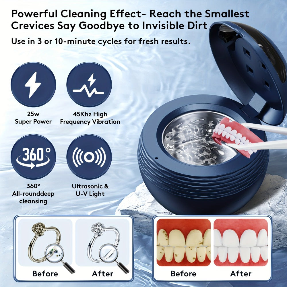 Ultrasonic Retainer Cleaner Machine 45kHz with UV Sanitizer Portable Dental Cleaner for Dentures Retainers Aligners Braces Mouth Guard Jewelry Cleaner 200ml Tank Blue Black White
