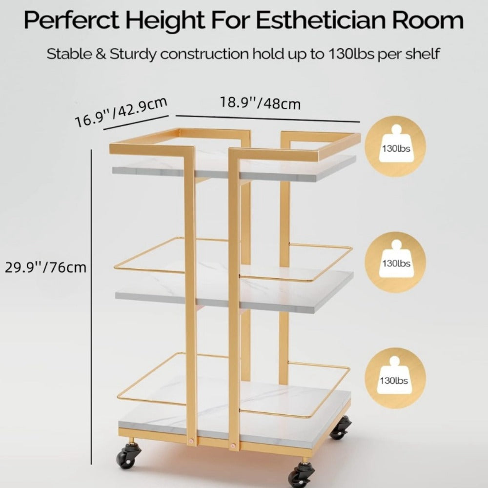 Esthetician Cart with Wheels Utility Salon Rolling Trolley, Golden Mobile Storage Organizer for Beauty Spa Cosmetology Massage, Tattoo Manicure Facial Tool Holder Station