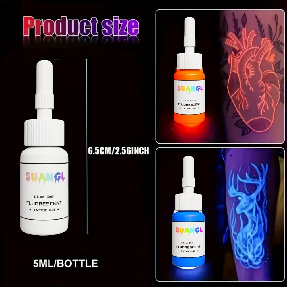 5 Milliliters (1/6 Ounce) Glow Tattoo Ink Suitable for /Blacklight Body Art - 8 Colors Fluorescent Tattoo Dye for Light Reactions, Professional & Use, Glow Parties, Tattoo Supplies