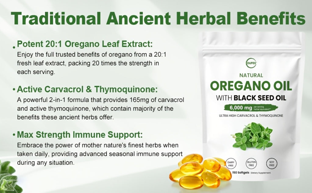 Oufex Oregano Oil | Featuring Black Seed Oil with High Carvacrol & Thymoquinone | Plantbased Antioxidant & Seasonal Wellness Support | 150 Softgels
