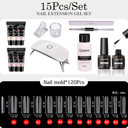 Poly Nail Gel Extension Kit 6 Colors with USB UV LED Lamp Slip Solution All-in-One Nail Extension Starter Set for Beginners Home Salon DIY Nail Art Supplies
