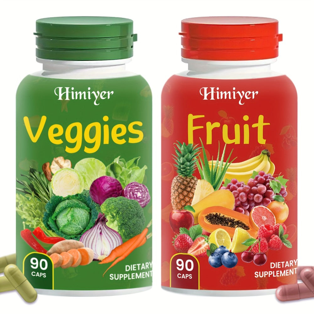 Fruits & Vegetables Superfood Capsules — Complete Food Supplement with 90 Fruit + 90 Veggie Capsules | Daily Nutrition for Women, Men & Teens | Fruit & Vegetable Flavor