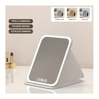 LED Makeup Mirror Folding with Touch Screen - USB Rechargeable Portable Vanity Mirror, Tri-Color Dimmable Lighting, Travel Desk Tabletop Use, Square or Round, Pink or White