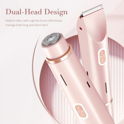 Bikini Trimmer for Women 2-in-1 Dual Head IPX7 Waterproof Electric Shaver - Body Hair Trimmer and Facial Hair Remover for Bikini Underarm Leg Arm Face 90-Min Battery USB Charge Pink