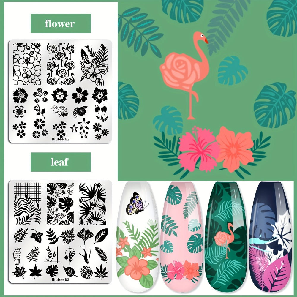 Biutee Nail Stamping Plate Set Of 14pcs, Including 10 Mini 1.57*4.72 inch Metal Plates, 1 Single-head Stamp, 2 Clear Stamp Heads, And 1 Pattern Scraper
