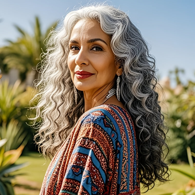 24 Inch Curly Wig Long Synthetic Wigs for Women Grey Deep Wave Synthetic Curly Wig Comfortable Fit Easy to Manage No Glue Required Suitable for Casual Attire, Role Play, And Holidays