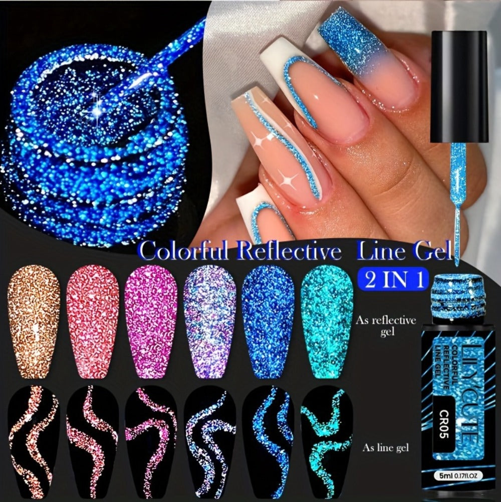 LYCUTE 0.17oz 6-Pack Super Glitter Reflective Color Eyeliner Gel Nail Polish Ultra Fine Brush Tip Stripe Drawing Gel