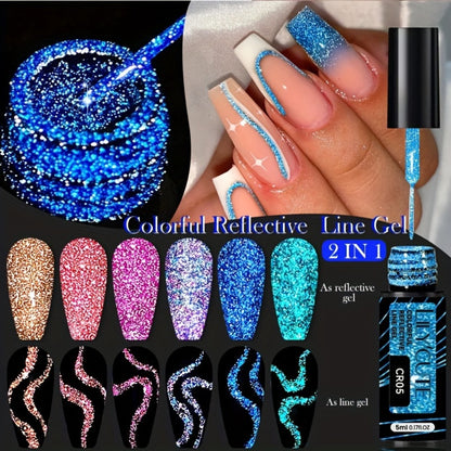 Glitter Liner Nail Art Gel 5ml - Super Reflective Glitter Eyeliner Gel Polish with Ultra Fine Brush Tip for Stripe Line & Detail Nail Art - Long Lasting UV LED Nail Art Drawing Gel