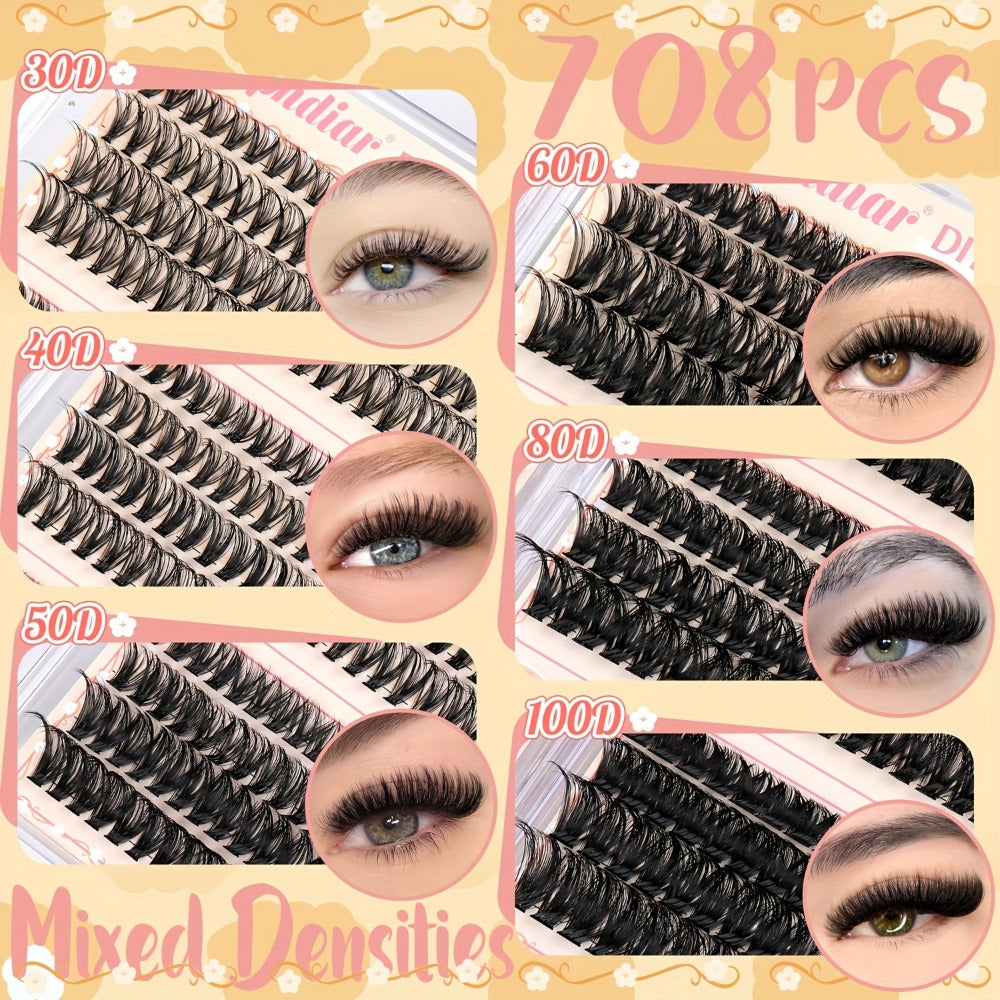 Lash Clusters Kit 708pcs 8-16Mm Mixed 30D-100D Lashes Clusters Kit with Glue, Tweezers And Brush, Mega Volume Cluster Lashes for Natural Or Dramatic Eye Makeup, Soft Reusable Eyelash Clusters Kit for Long Lasting Salon Style Look Easily at Home