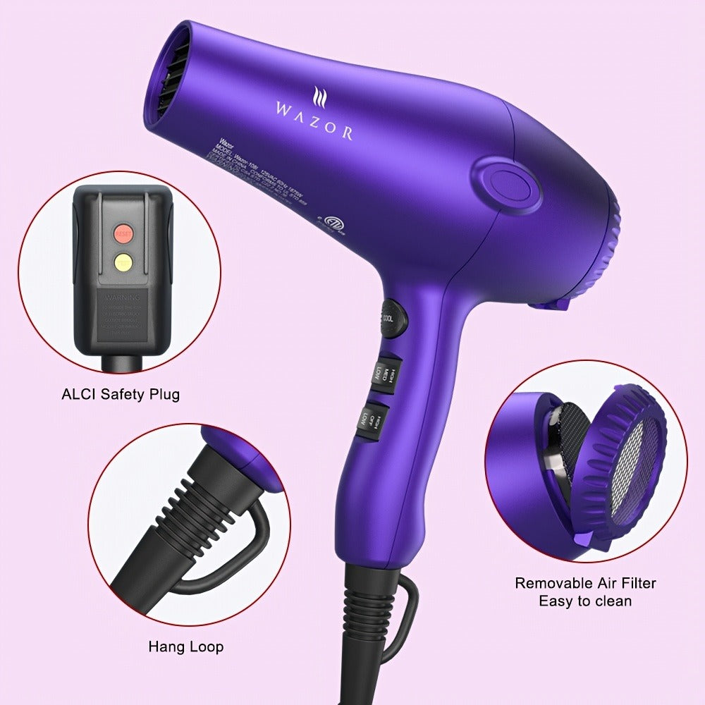 3Rd Generation Lightweight Low Noise Hair Dryer, 1875W Ceramic Negative Ionic Blow Dryer And 2-Speed 3-Heat Settings Cool Shot with Diffuser Concentrator Comb, Hair Dryers for Women, for Women Gifts, Best Gifts (Purple)
