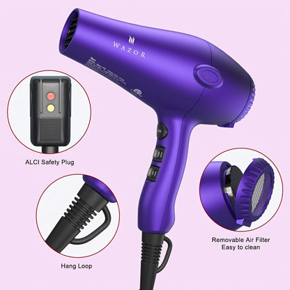 Hair Dryer 1875W Ionic — Lightweight Low Noise Ceramic Blow Dryer, 2-Speed 3-Heat Cool Shot, Diffuser, Concentrator & Comb Attachments, 3rd Gen Hair Dryer for Women — Purple