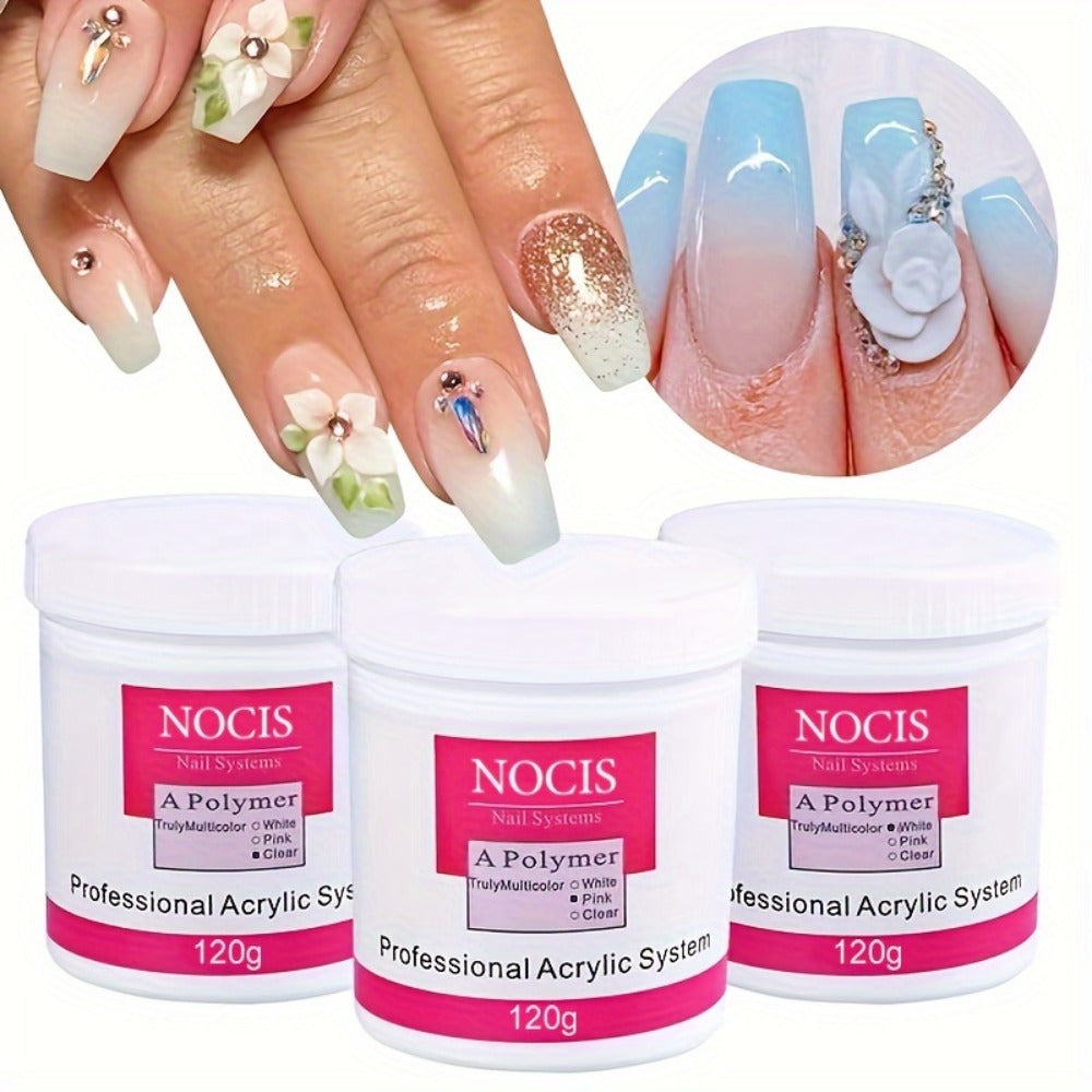 NOCIS 120G Acrylic Nail Powder - 120G in White/Pinkish/Clear for Durable Extensions And Carving, Easy-to-Use Set