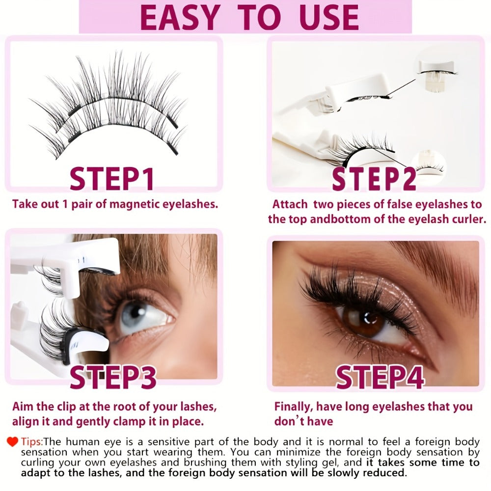 Quantum Magnet 3D Magnetic Eyelashes Slim Natural Nude with Eyelash Curler Transparent Soft Stem 1 Pair of Glue-Free Strong Magnetic Force Reusable Naturally Enlarge The Eyes Can Be