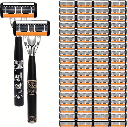 Safety Razor Kit - 2 Handles & 72 Replacement Blades - Double Edge Classic Wet Shaving Razor with Non-Slip Grip for Clean Close Shave - Men's Grooming Shaving Set for Face & Body