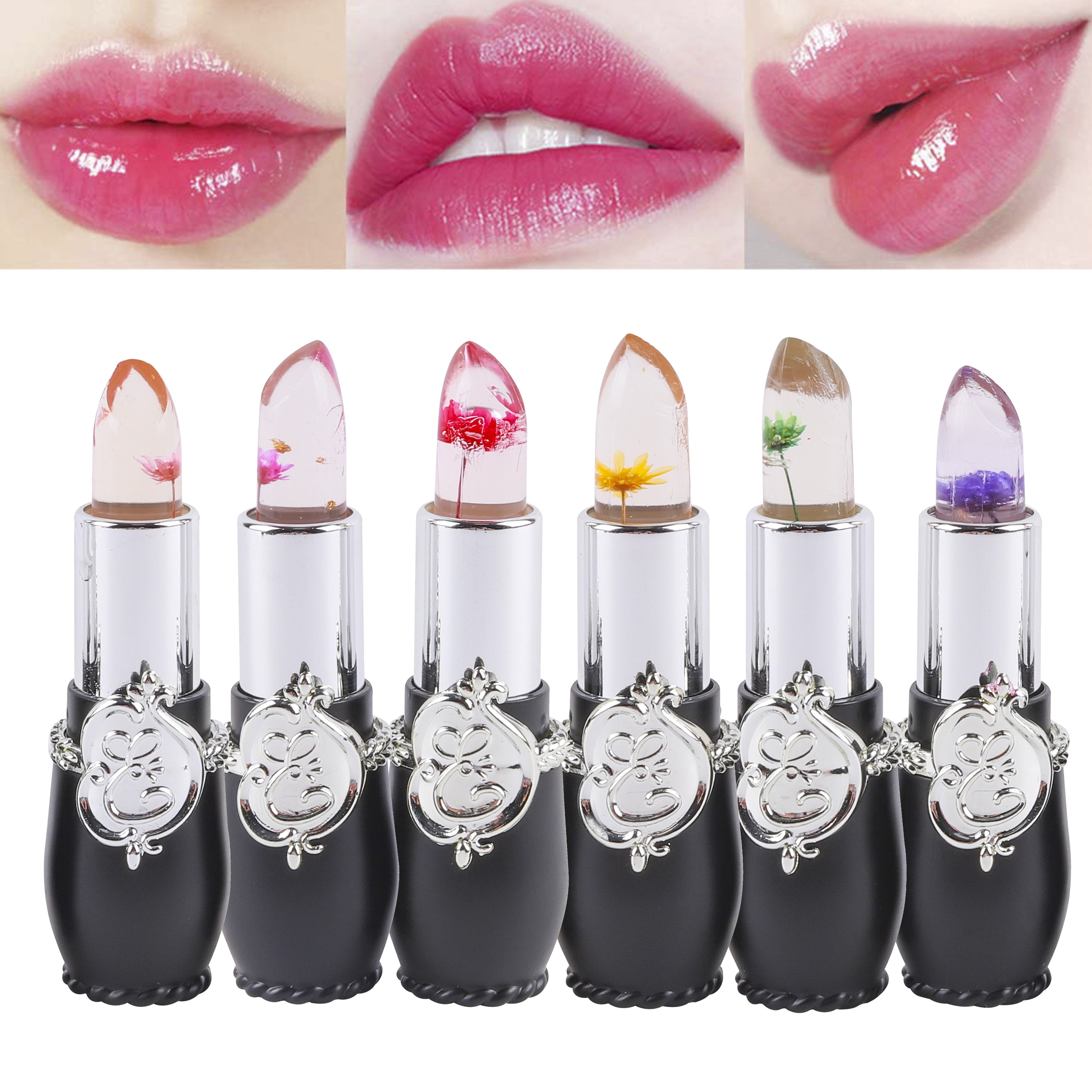 6pcs Pink&Black Flower Jelly Lipstick Long Lasting Moisturizing Thermostat Color Changing Lipstick Lip Balm Peach Flavor Daily Lip Care Set for Valentine's Day