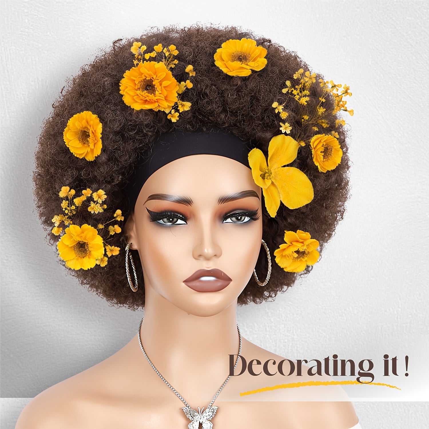 Afro Curly Headband Wig for Women, Natural Black Short Kinky Curly Synthetic Hair with Attached Headband, High-Temperature Fiber, 180% Density, Basic Style