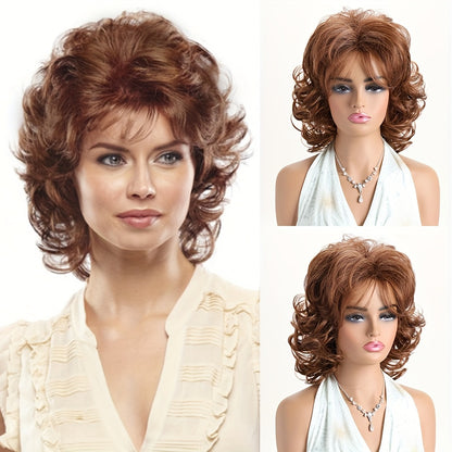 Curly Wig with Slanted Bangs Short 14 Inch — Heat Resistant Synthetic Rose Net Cap, Grey Mixed Dark Brown Light Brown Colors for Women Daily Wear Halloween Festivals Cosplay