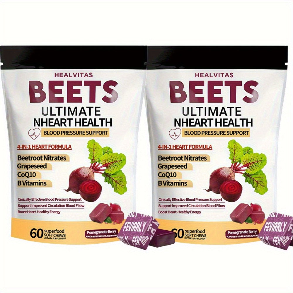Super Beetroot Chewable Gummies Contains CoQ10, Beetroot Powder, Grape Seed Extract, Multivitamins, Supports Healthy Blood Pressure, Heart Health, Circulation & Blood Flow, 60/120 Soft Chewable Gummies