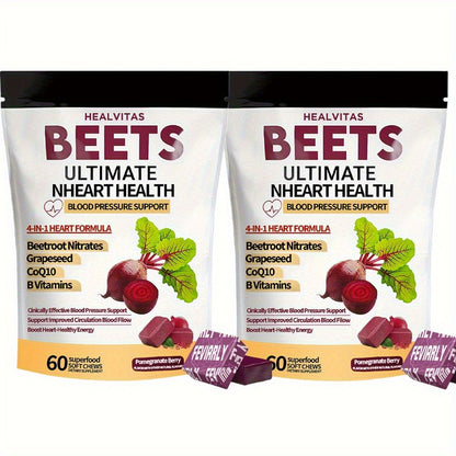 Beetroot Gummies with CoQ10, Grape Seed Extract & Multivitamins - Supports Healthy Blood Pressure, Heart Health & Circulation - Chewable Beet Root Supplement for Men & Women, 60-120 Count