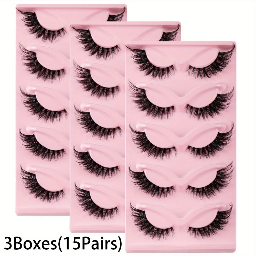 3 Boxes (15 Pairs) of Cat-Eye False Eyelashes, Featuring Natural Long Manga Lashes with Winged Tips for an Elongated Eye Appearance
