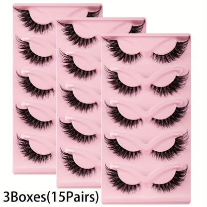 Cat Eye False Eyelashes 15 Pairs 3 Boxes — Natural Long Manga Lashes with Winged Tips for Elongated Eye Look, Wispy Strip Lashes for Dramatic Eye Makeup, Party & Everyday Wear