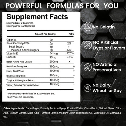 Men's Vitality Booster Gummies – Shilajit, Maca & Longjack Formula – Daily Energy, Mood & Performance Support for Men – Fast-Acting Blueberry Flavor Multivitamin Gummies for Men & Women