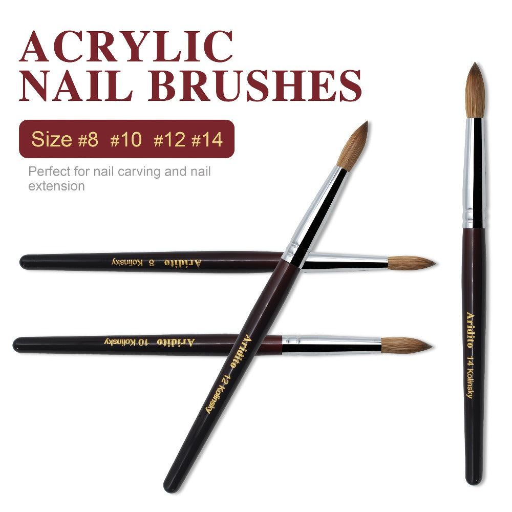 Aridito Round Head Kolinsky Acrylic Nail Art Brush Red Wine Color Wooden Handle for Professional Manicure Home Salon (Size 8 10 12 14)