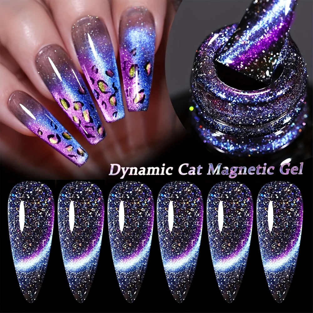 9D Cat Eye Gel Nail Polish - Holographic Rainbow Glitter Nail Polish Blue and Purple, Removable LED Gel Nail Polish for DIY Salon and Home Use, 0.34oz, Paraben Free, Easy to Apply, High Quality Finish, the Perfect Valentine's Day Gift