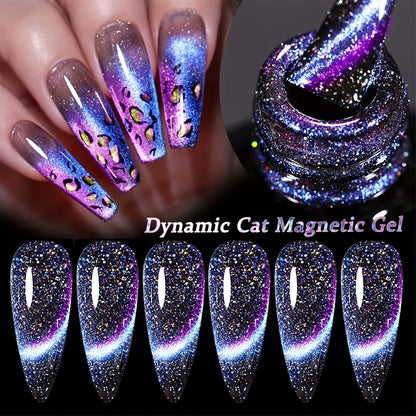 Magnetic Cat Eye Gel Nail Polish 9D Holographic Rainbow Glitter Blue & Purple — LED UV Soak-Off Gel Polish Paraben-Free Water-Based Formula, Salon & DIY Home Manicure Nail Art Gift for Women (0.34oz / 10ml)