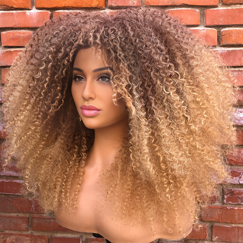 Afro Bomb Curly Wig with Bangs Synthetic Fiber Glueless Long Kinky Curly Hair Wigs, Machine Made Glueless Heat Resistant Synthetic African Wig Ombre Blonde Mixed Color Afro Wigs with Highlight Brown Blonde Red Black Color for Choice