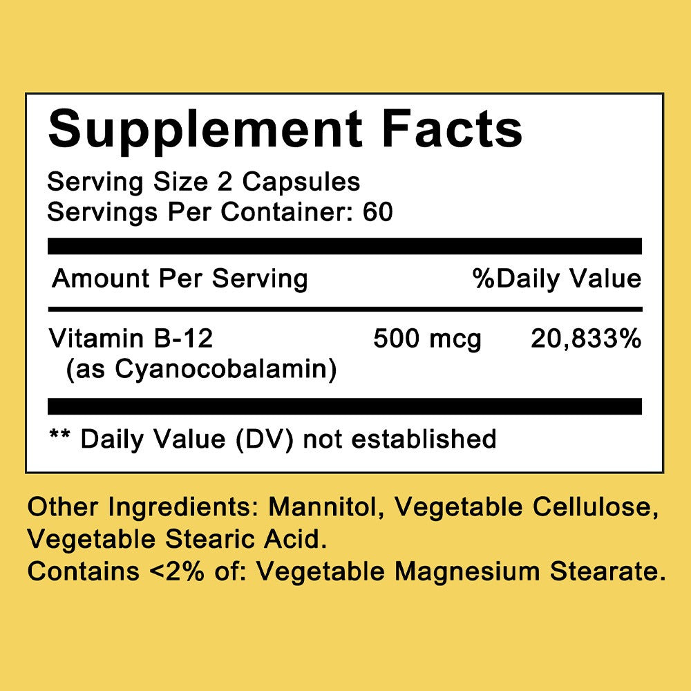 Vitamin B12 Dietary Supplement - 500 Mcg Per Serving, Premium Formula - Supports Nervous System And Cardiovascular Health - Supports Nutrient Absorption And Daily Vitality - Suitable For Men And Women - 120 Capsules