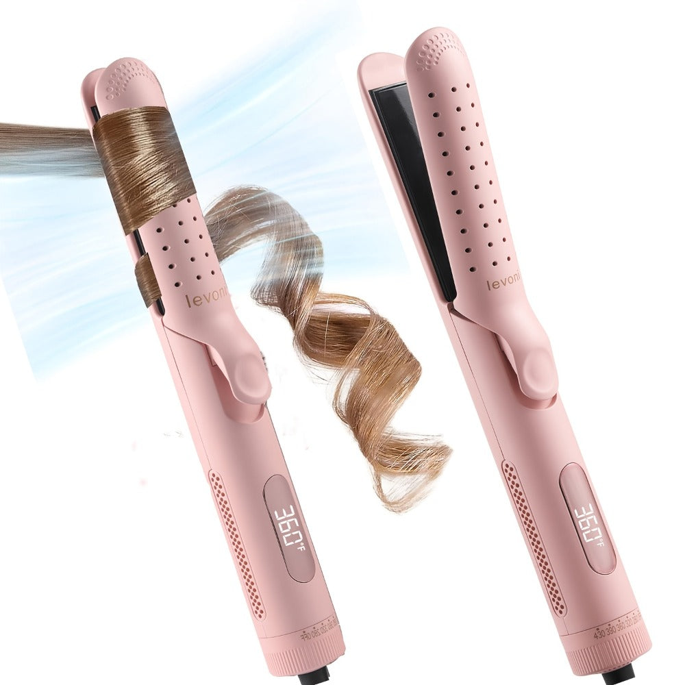 2-in-1 Pink Heated Curling Iron, Flat Iron and Curler, Heat-Free Curling Iron, 360° Adjustable, 5-Level Hot/Cold Air Adjustment, Fast & Dual Voltage, for Long and Short Hair