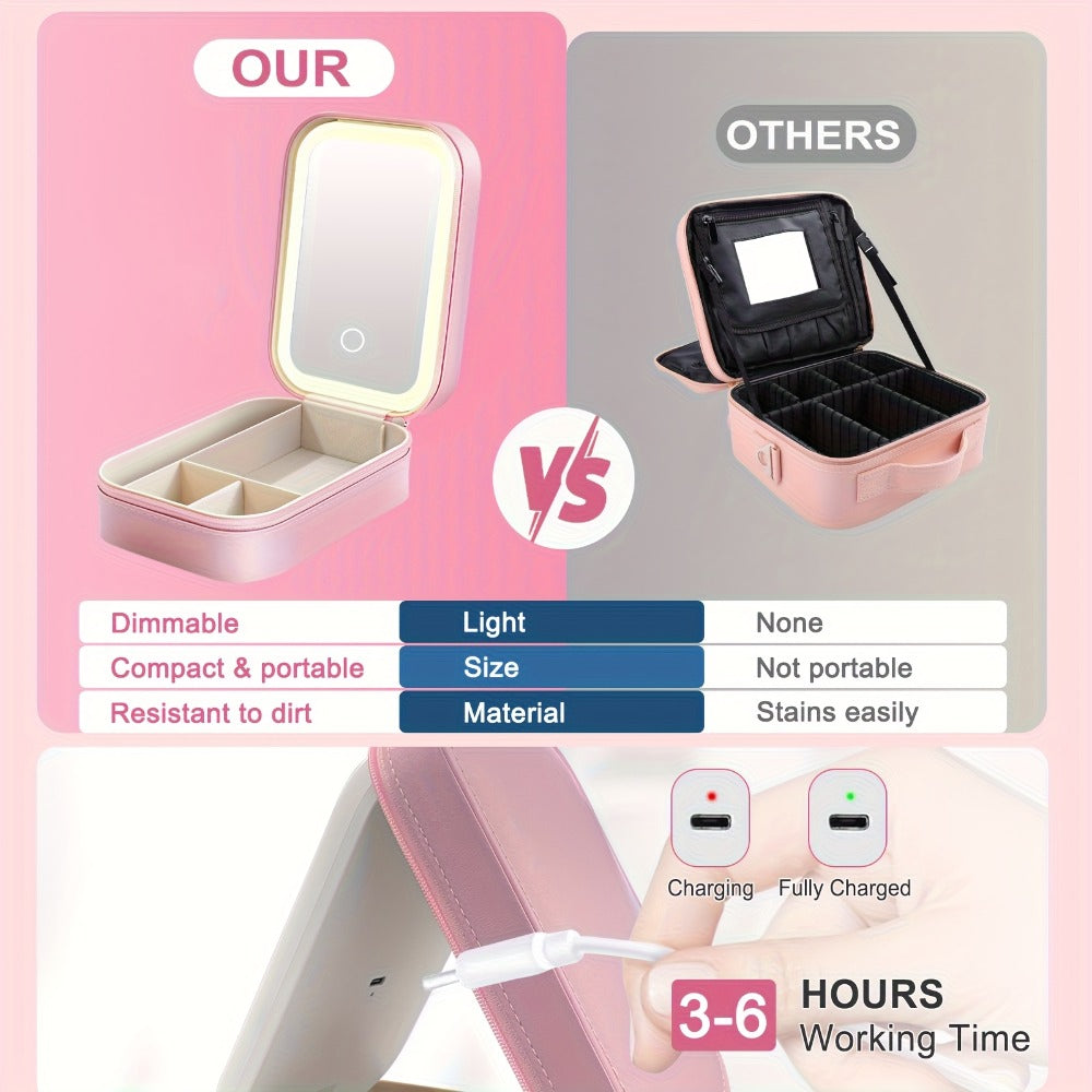 Lighted Makeup Mirror with Travel Case Cosmetic Bag Organizer - Adjustable 3-Color LED Light 1200mAh Rechargeable Portable Vanity Mirror for Women Gift