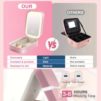 Lighted Makeup Mirror with Travel Case Cosmetic Bag Organizer - Adjustable 3-Color LED Light 1200mAh Rechargeable Portable Vanity Mirror for Women Gift