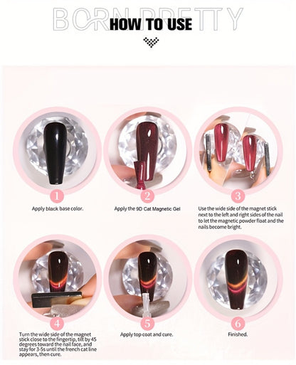 Cat Eye Magnetic Gel Nail Polish 6 Colors — 9D Polaris Glass Water Light Effect, Semi-Permanent Soak Off LED Gel, 0.34oz Each | BORN PRETTY Nail Gel Set