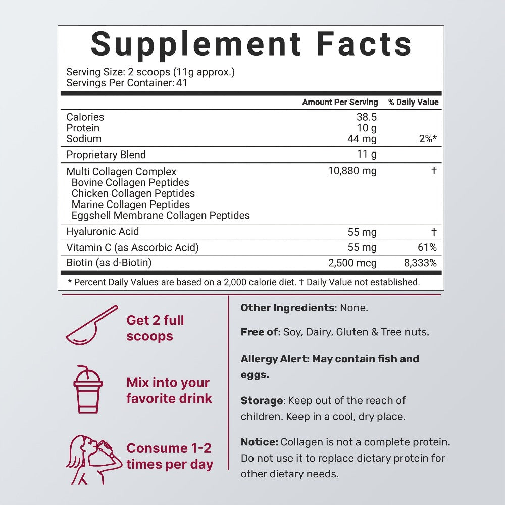 Oufex Multi-Collagen Powder - Featuring Hydrolyzed Protein (Type I, II, III, V, X), Plus Acid, Biotin, And Vitamin C - Flavor-Free