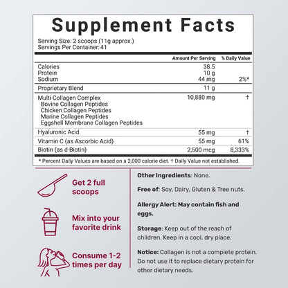 Multi-Collagen Powder with Hydrolyzed Protein Types I, II, III, V & X Plus Biotin & Vitamin C — Unflavored Collagen Peptides for Skin, Hair, Joints & Gut Health