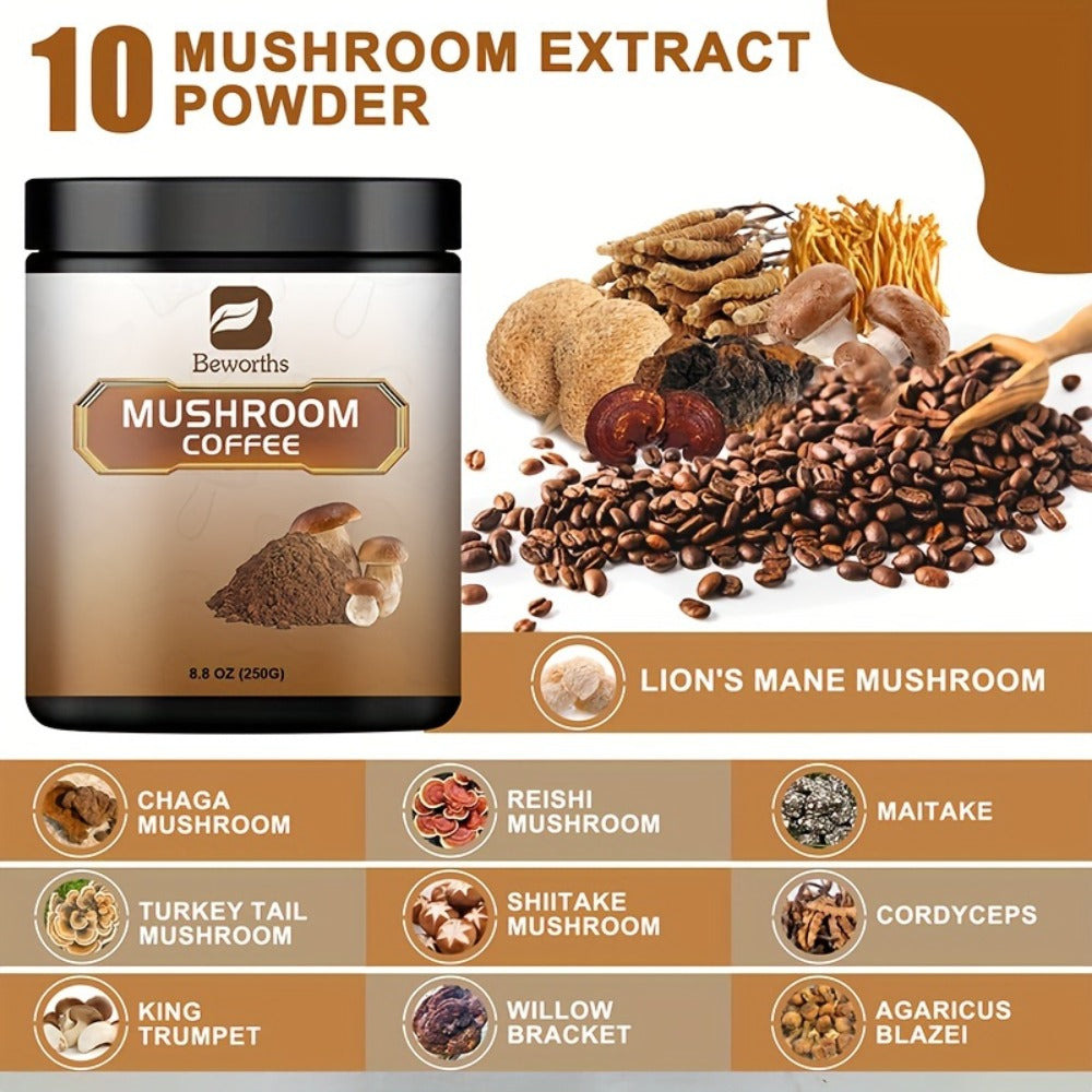 Mushroom Coffee-Instant Coffee Mixed with Ganoderma Lucidum, Cordyceps Sinensis, Lion'S Mane, Chaga And Turkey Tail Mushrooms-250G/8.8Oz
