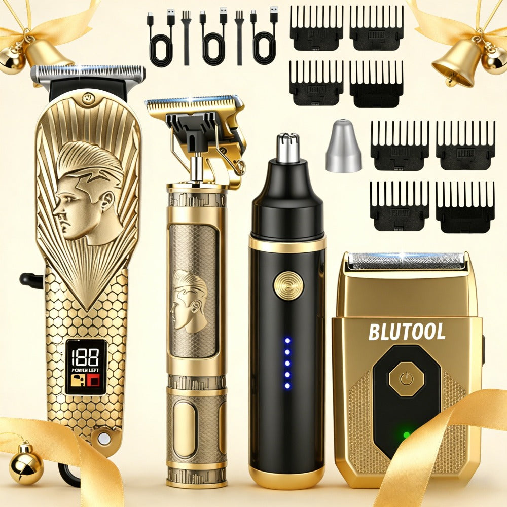 4-in-1 Cordless Men' Hair Clippers & Beard Trimmer with Electric Shaver & Nose Trimmer - Rechargeable Professional Hair Cutting System Suitable for Barbershop, Home Use, Gift for Dad, Husband, Birthday/Christmas Present - -in- Grooming Kit