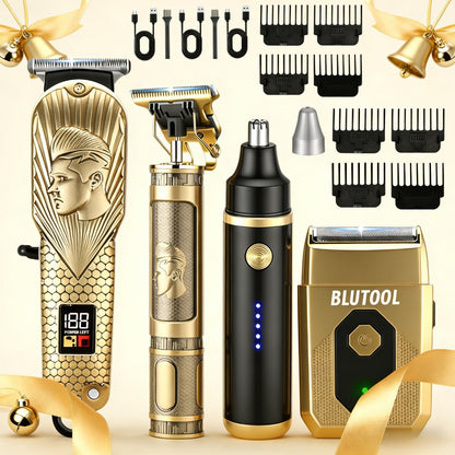 4-in-1 Men's Grooming Kit - Cordless Hair Clipper, Beard Trimmer, Electric Shaver & Nose Trimmer, Rechargeable Professional Hair Cutting System, Gift for Men
