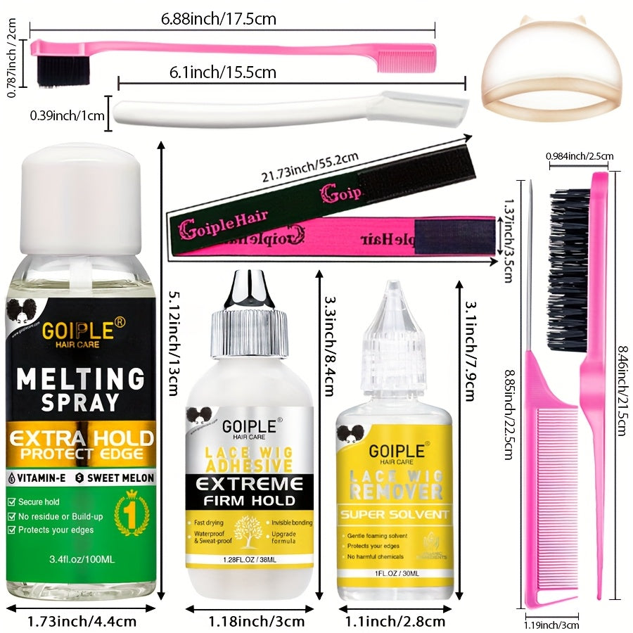 Goiple Lace Wig Glue Tool Set Melting Spray Adhesives Adhesives Remover Strong Fixation Quick-drying Lasting No Residue Suitable for Trimming And Fixing Wigs Essential Tools for Wearing Wigs Beginner's Simple Auxiliary Kit