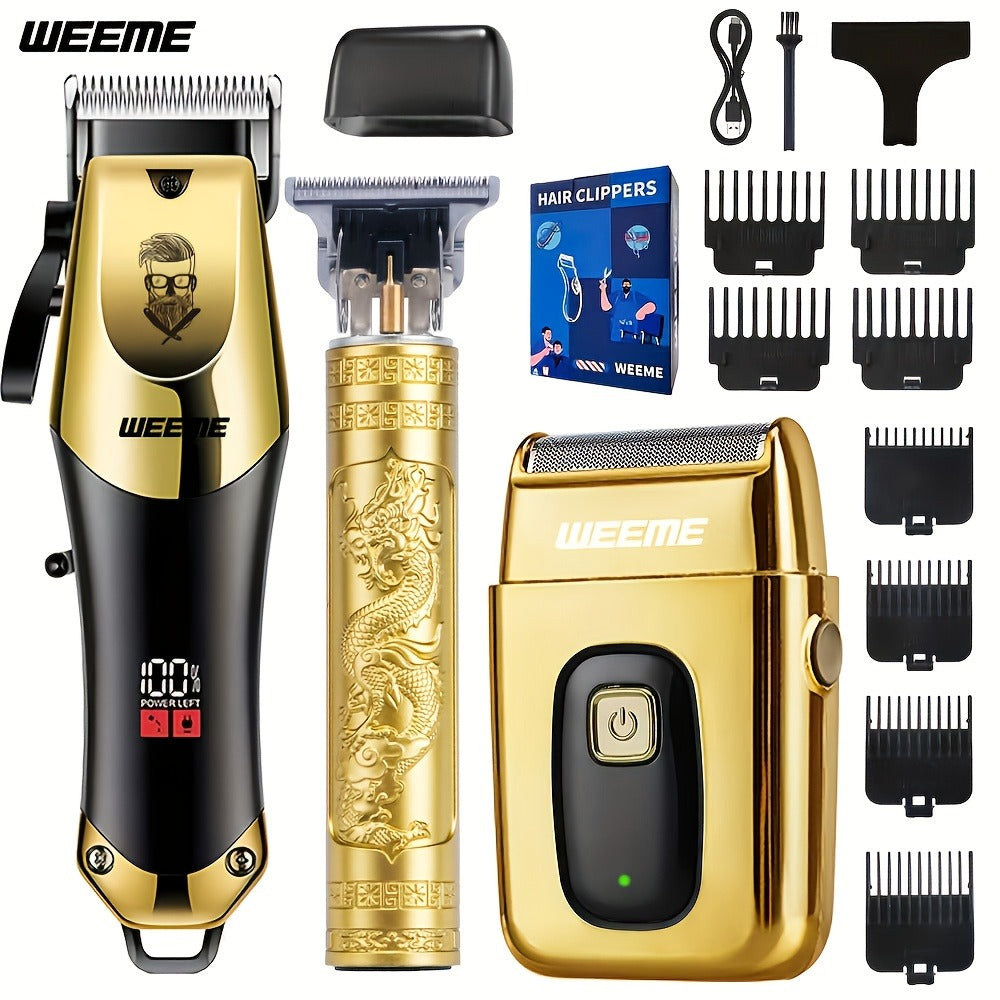 [Christmas New Year Gifts] WEEME All Golden Series 3pcs/2pcs/1pc Men's Hair Clipper Set - Hair Cutting Kit, T-Blade Trimmer, Combs, USB Cable, Cleaning Brush-Perfect Christmas And New Year Gifts