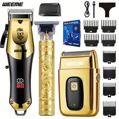 Men's Hair Clipper Set - Golden Series USB Rechargeable T-Blade Trimmer Kit with Combs & Cleaning Brush, 1pc 2pcs 3pcs Options, Gift for Men