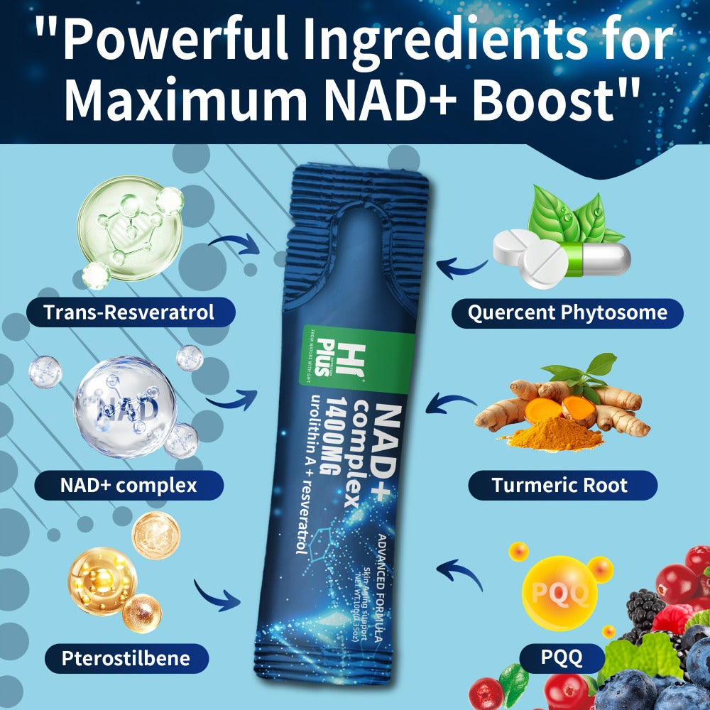 HiPlus NAD Supplement-1400 Mg-High Performance Liposomes, Nicotinamide Ribose, PQQ, Nicotinamide Riboside&Trans-Resveratrol Multi-Support, Antioxidant & Light Beige Support-Sweet&Sour Berry Flavor, Highly Effective Focus In Every Moment-(1 Sachet-2 Sachet