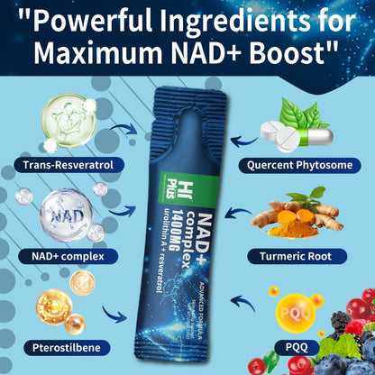 NAD+ Supplement 1400mg Liposomal with Nicotinamide Riboside PQQ & Trans-Resveratrol – Cellular Energy, Focus & Antioxidant Support | HiPlus Berry Flavor Portable Sachets (20 or 40 Packs)